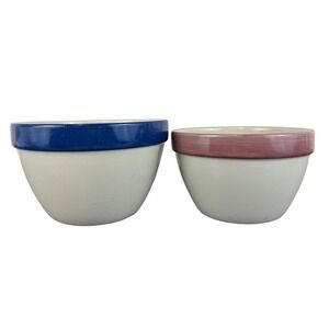 VTG Set TWO Over and Back Portugal Stoneware Nesting‎ Mixing Bowls Blue Red Trim